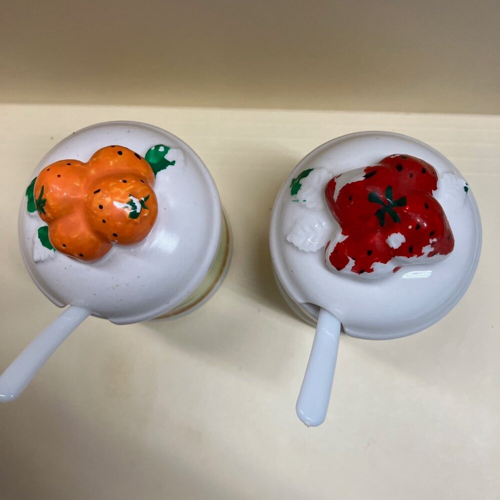 Set 2 Jam Marmalade Ceramic Jars 3"w/Spoon Made in Japan Strawberry Persimmon - Picture 3 of 6